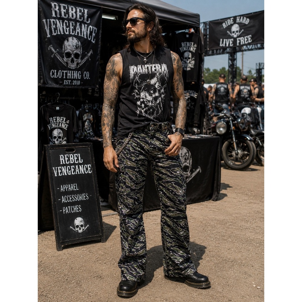 Rebel Vengeance Grunge Alt Tiger Stripe Camo Tapestry Pants Skull Button Size 30